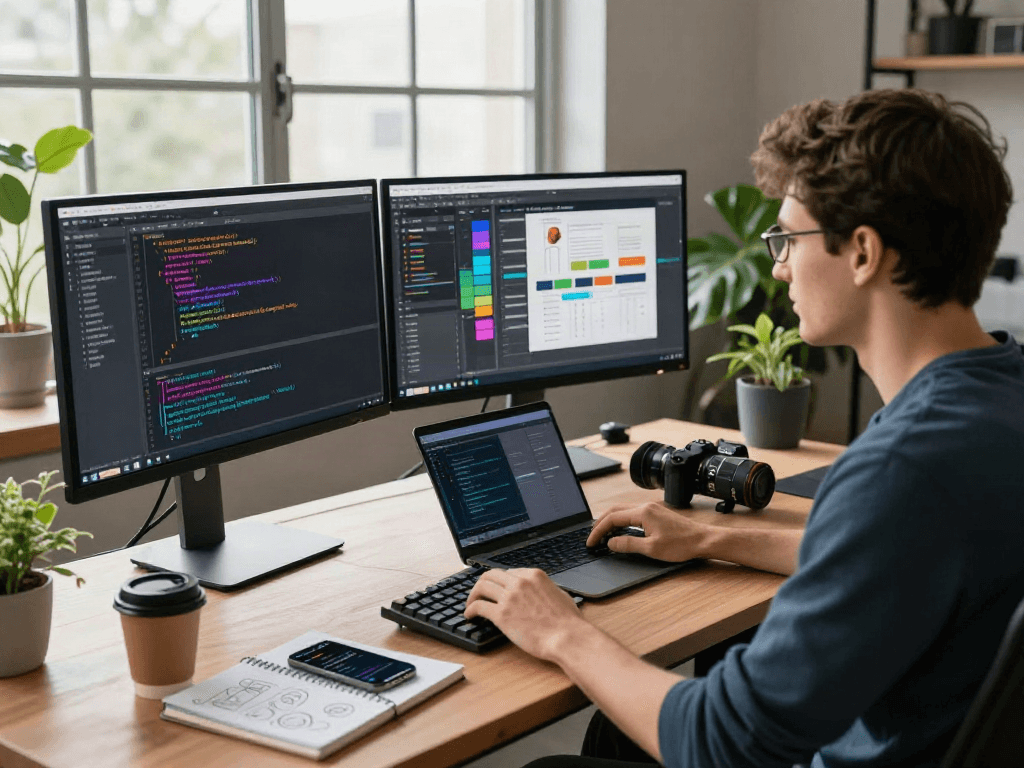 Développeur d'Atlas pro travaillant dans un bureau moderne avec des écrans et des documents techniques.
