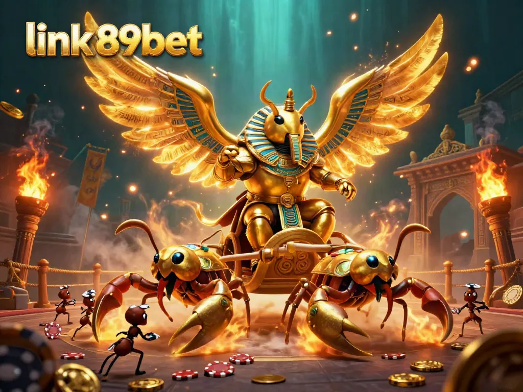 Experience the excitement of betting with link 89bet through an animated scene featuring a golden scarab and scorpions surrounded by casino elements.