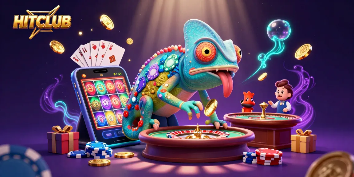 Engage in the vibrant HITCLUB casino scene with a chameleon owner, dynamic game elements, and rich visuals.