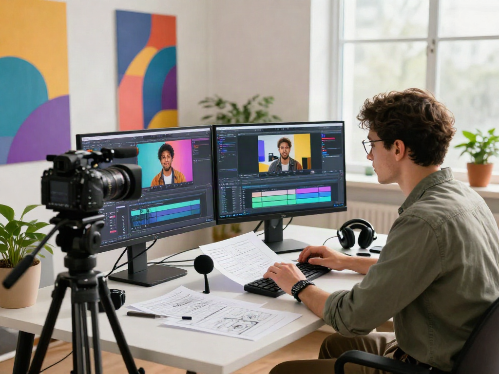 Iron tv pro video production setup showcasing editing software and equipment in a modern workspace.