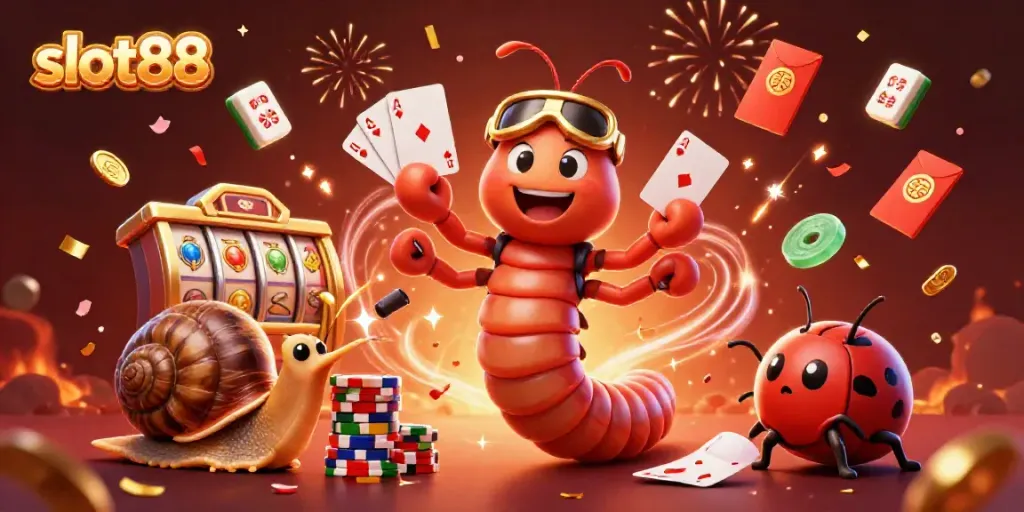 Engage with slot88 through vibrant casino action featuring a millipede dealer, snail high-roller, and colorful slot reels.