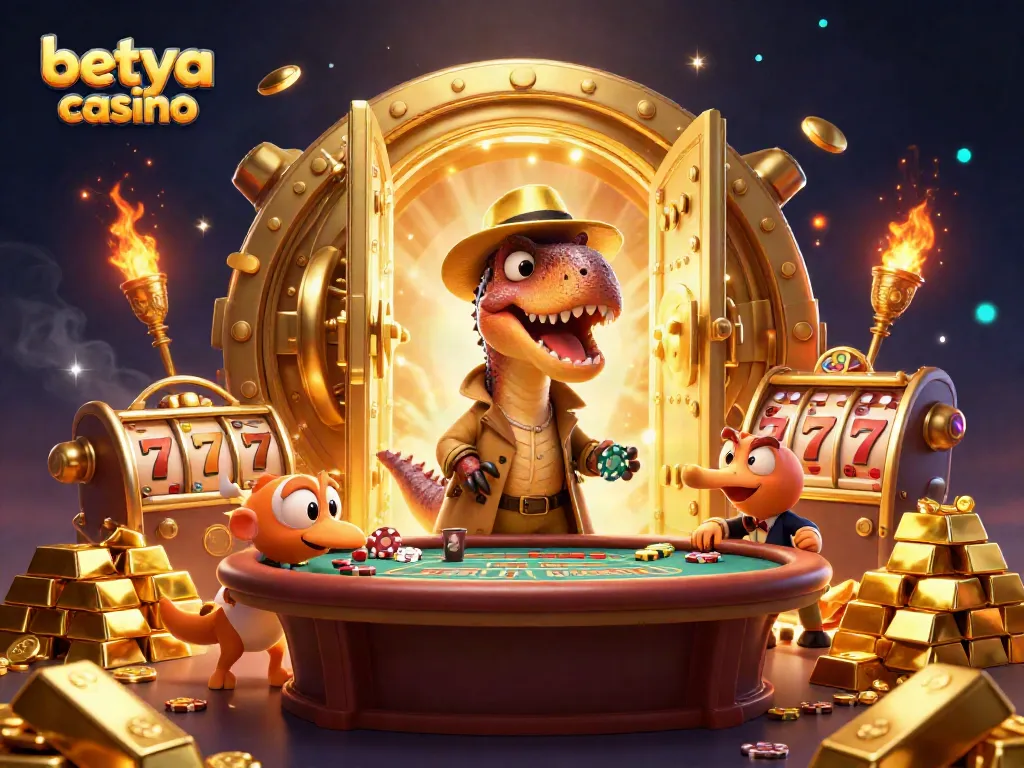 Experience the excitement of betya casino with a velociraptor in disguise at a blackjack table, surrounded by treasures.