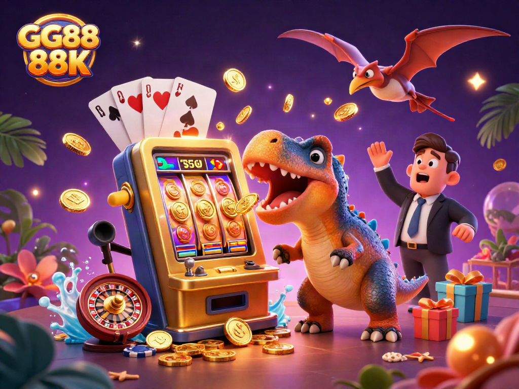 Witness the excitement of GG88 88K with a pachycephalosaurus jackpot celebration in this vibrant casino scene.