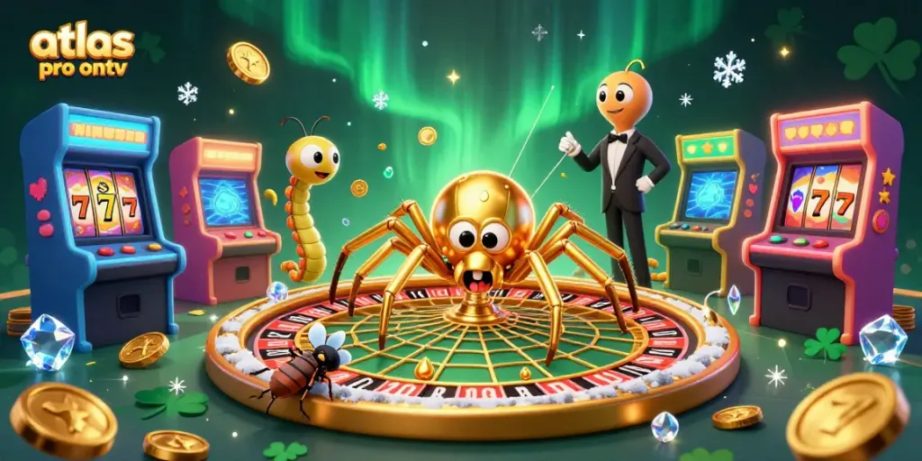 atlas pro ontv : mise en scène dynamique avec une araignée dorée et des éléments de casino