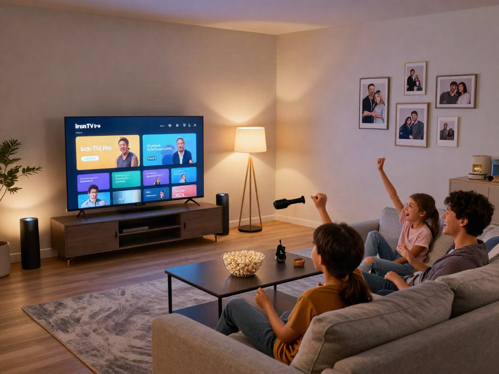 Configuration moderne de divertissement à domicile avec Iron TV Pro et une famille profitant d'une soirée cinéma.