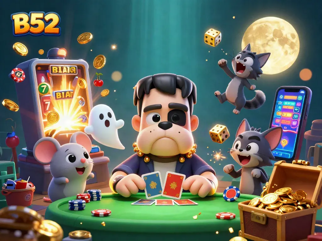 B52 showcasing a thrilling casino scene with a bulldog dealer, ghost mouse, and treasure attractions.