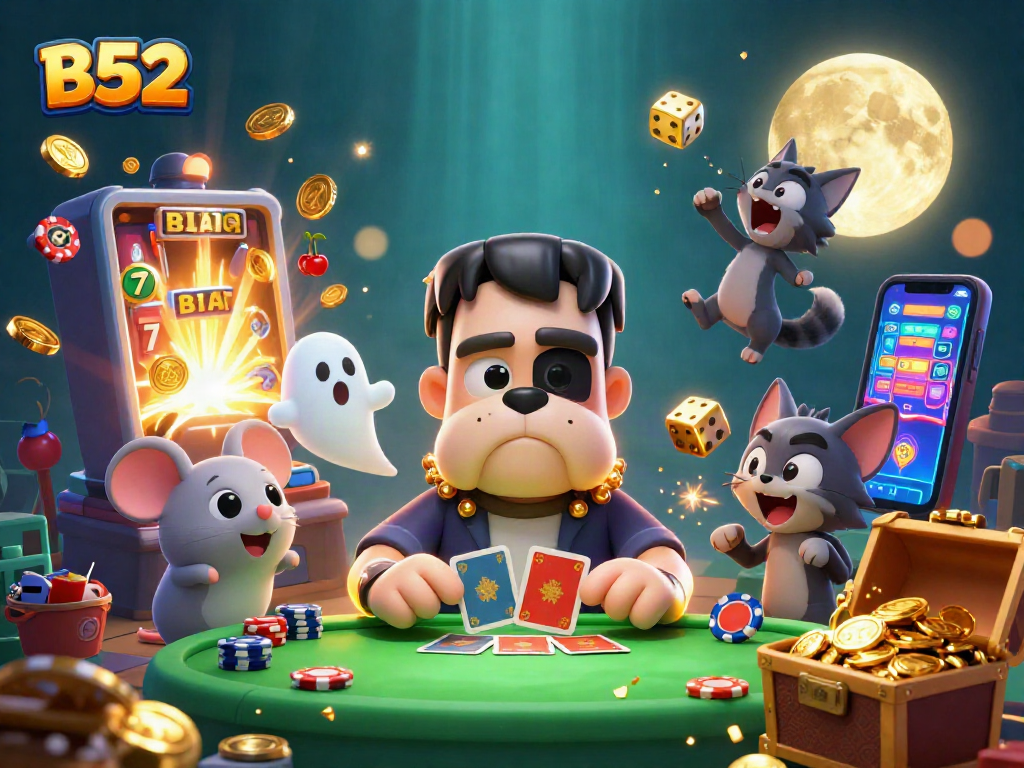 B52 showcasing a thrilling casino scene with a bulldog dealer, ghost mouse, and treasure attractions.