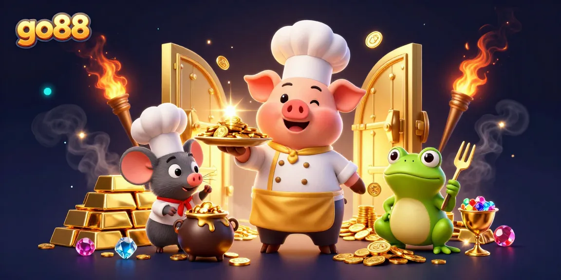 Enjoy thrilling wins with go88 featuring a chef pig and sparkling gold elements in a dynamic casino scene.