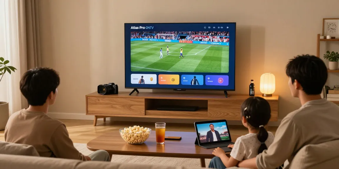 Utilisation de l'application Atlas Pro pour le divertissement familial dans un salon moderne.