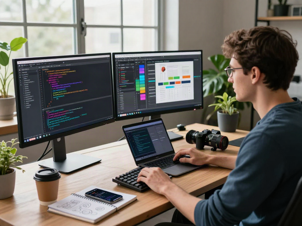 Développeur d'Atlas pro travaillant dans un bureau moderne avec des écrans et des documents techniques.