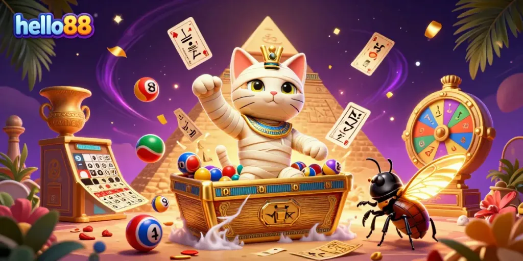 Play lottery games with hello88 amidst a vibrant pyramid casino featuring rich characters and exciting game elements.