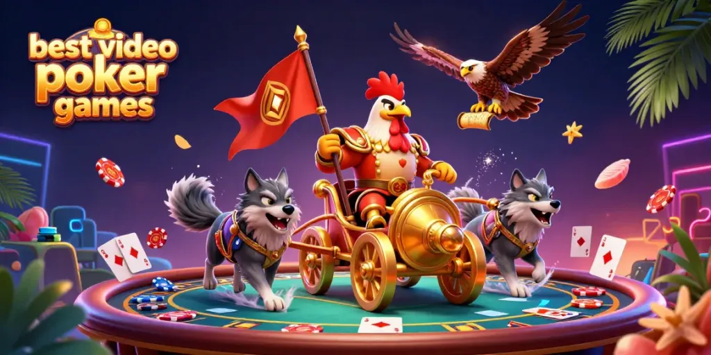 Engage with the best video poker games in this vibrant 3D casino illustration featuring dynamic characters and elements.
