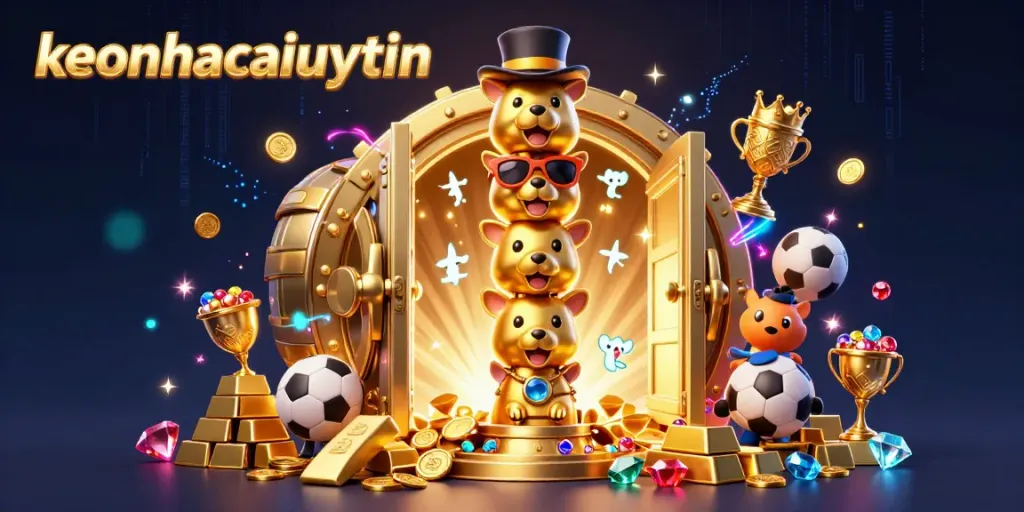 Engage in thrilling sports betting with keonhacaiuytinn, showcasing a vibrant 3D totem pole with casino accessories.