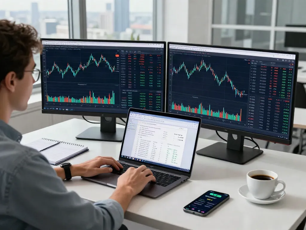 Vue d'une plateforme de trading professionnelle sur la-essorinvexaro.com, avec un utilisateur analysant des données de marché sur des écrans modernes.