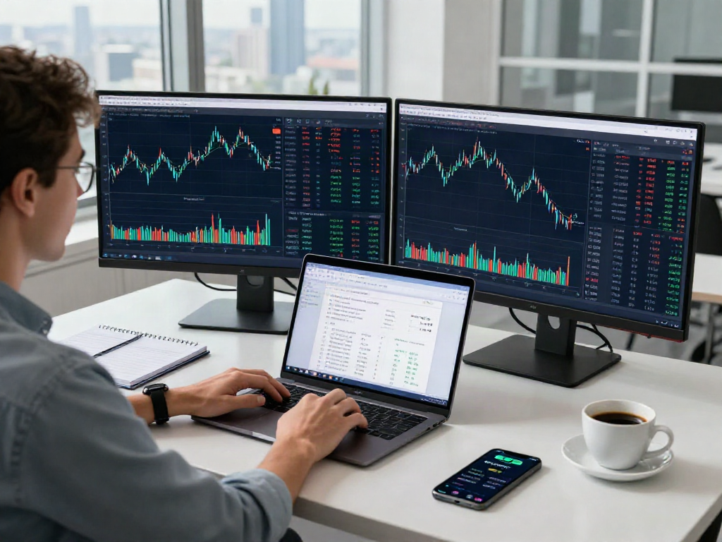 Vue d'une plateforme de trading professionnelle sur la-essorinvexaro.com, avec un utilisateur analysant des données de marché sur des écrans modernes.